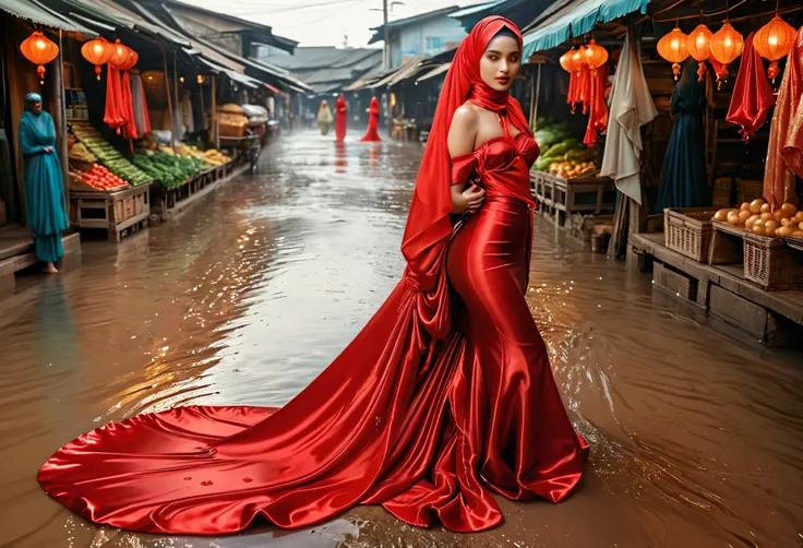 a woman shrouded in 9 meters of red satin, tight clothing from the waist to the thighs and mermaid shape on the bottom of dress,...