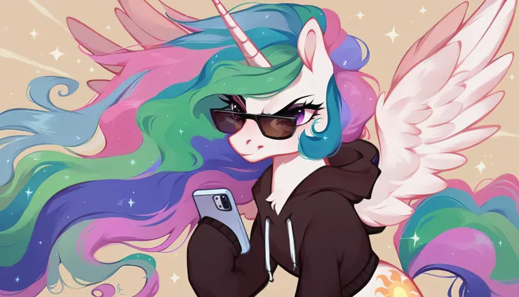 score_9, score_8_up, score_7_up, score_6_up, A serious female alicorn unicorn, Princess Celestia from My Little Pony, is depicted wearing a dark hoodie and sunglasses with polarized lenses that glow in the sunlight. Celestias mane flows in a wavy pattern o...