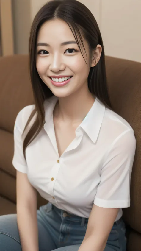 The face of a hostess、White shirt、High quality、Ultra-realistic、fine、Smiling face、Slim perfect figure、Japanese beauty、 Perfect Eyes、Radiant Skin、Sitting on the sofa