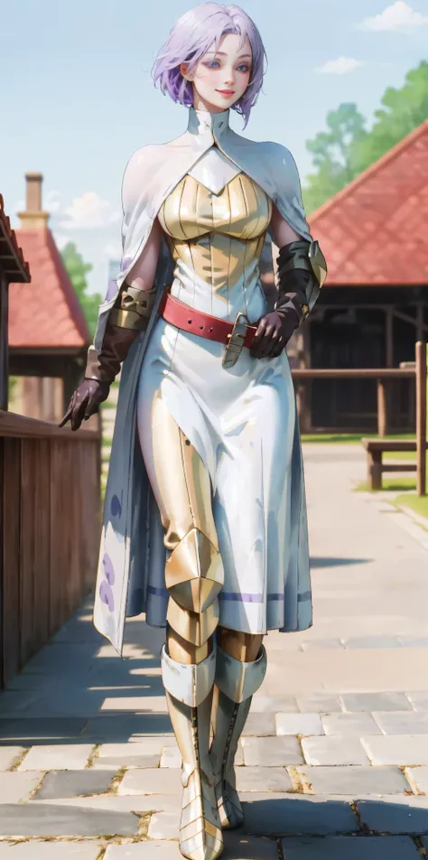 (Female chest covered)(smile) Gray skin, pale golden hair and violet eyes. She prefers clothing of white and silver with cloaks of deep blue or purple, village background, huge_knockers ((very precise detailed)) ((highres) (masterpiece, best quality), 1gir...