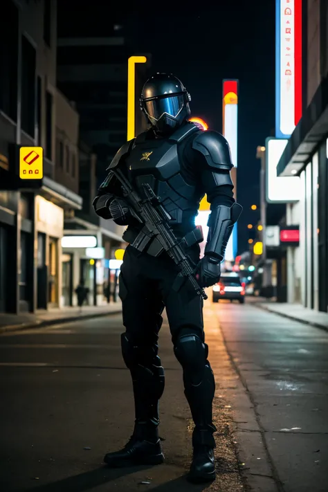 Male in city, Black sci-fi armor suit, highech sci-fi suit, holding an assault rifle, standing guard in empty streets, tinted visor, night time, evening, holding a High tech Assault rifle