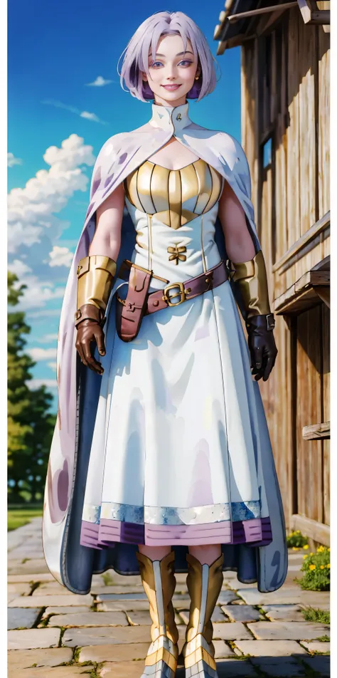 (Female chest covered)(smile) Gray skin, pale golden hair and violet eyes. She prefers clothing of white and silver with cloaks of deep blue or purple, village background, huge_knockers ((very precise detailed)) ((highres) (masterpiece, best quality), 1gir...
