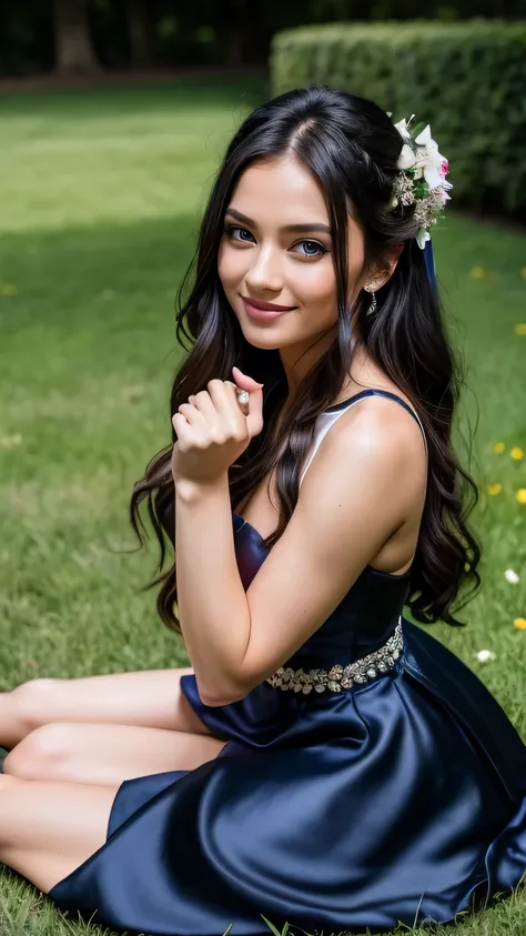 Realistic upper body photo of a black haired flower girl aged 23 with long hair, smile. She dances in front of the camera in a long A-line dress with straps made of shiny, darkblue satin..., Park,Glamour photoshoot under the skirt, Wedding celebration, per...