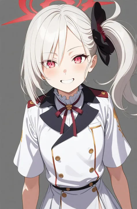 Highest quality, Great quality, so beautiful, Absurd, (One girl, January, Blue Archive, alone, Red eyes, Gray Hair, Side Ponytail), (Official artist art:1.5), (Realistic Face:0.2), (Grin, Lace trim panties), (Cowboy Shot), (Glowing Eyes:1.3), (Half closed ...