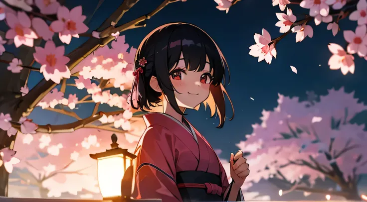 night,light up,sakura,kimono,smile,japanese girl,black hair