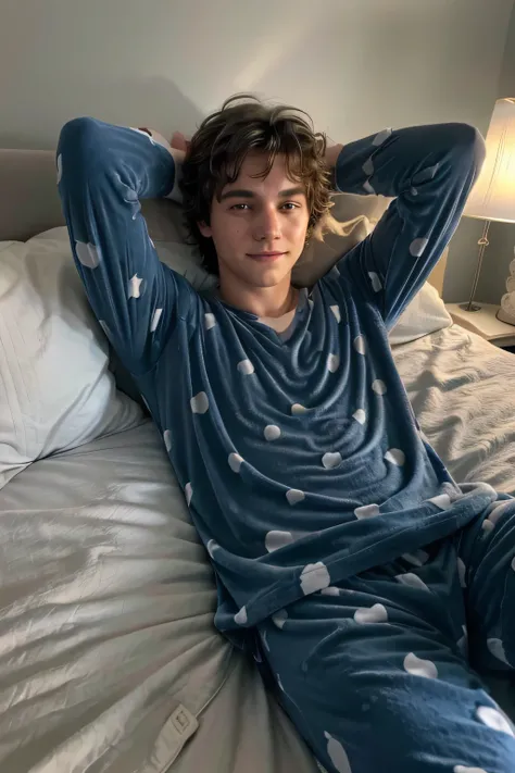 A teenage boy in bed wearing dark blue polka dot pajamas, lying down on fluffy pillows with a soft, relaxed expression, messy hair and gentle eyes, soft cotton pajamas with long sleeves and long pants, nighttime lighting, perfect hands, cute face, warm smi...