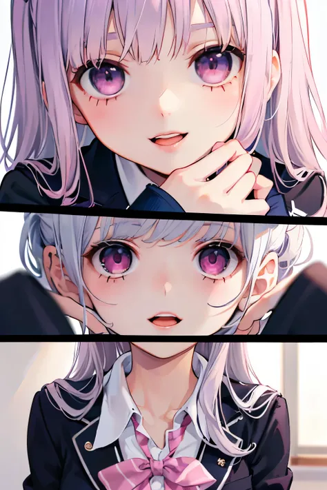 Beautiful cute girl,(Blue light、Silver Hair:1.2),,(Pink Eyes:1.2),((School uniforms:1.2)),((Striped blazer uniform:1.2)),(Open your mouth:1.1),smile,(Masturbation,Masturbation:1.15),(Health and sports:1.1),(bed room:1.1),(NSFW:1.2),(Close up face:1.0).