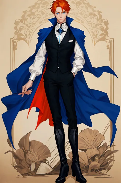 teenage boy, orange hair, blue eyes, elegant white long sleeve shirt, elegant dark blue vest, orange cape, Black pants, Elegant long boots in black, light blue aura