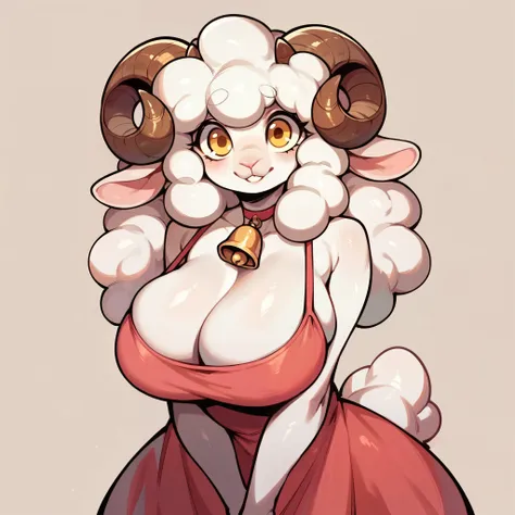 1girl, solo, sheep, coiled horns, anthro furry, yellow eyes, big breasts, bell choker, pink dress, cute, simple background, standing, looking at the viewer