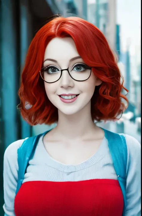 there is a woman with red hair and glasses standing in front of a building, a character portrait inspired by ayami kojima, trend...