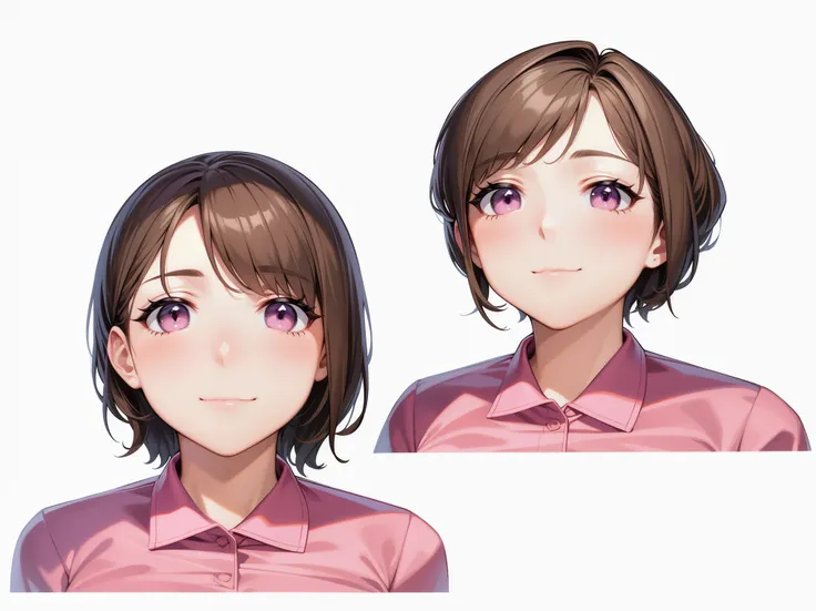 masterpiece、high quality、Very detailed、Two Women、Late 20s,solo、(Pink polo shirt:1.5),,(Short Hair),,Cheek smile、Face close-up、office、Anime Style、、2D,(Close your mouth),(Don&#39;t show your teeth)