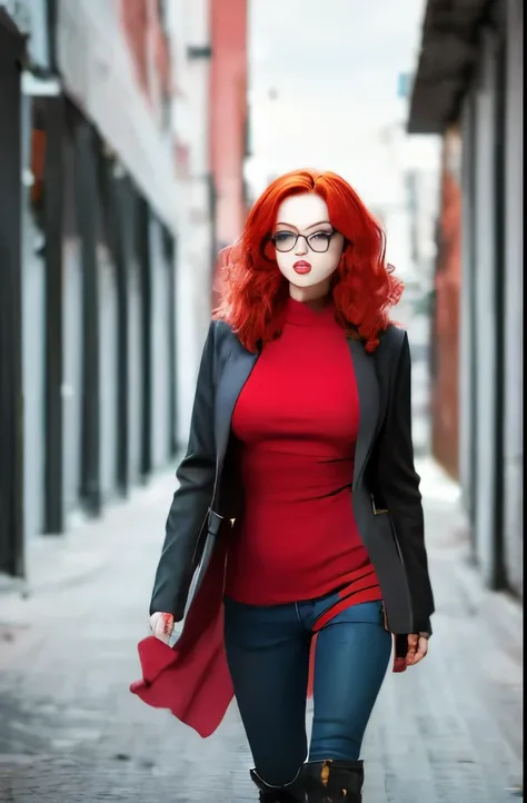 there is a woman with red hair and glasses standing in front of a building, soviet style cyberpunk, redhead female cyberpunk, an...