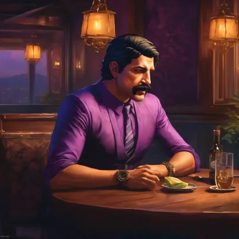 (obra maestra, Mejor calidad:1.2), 1 chico, thenahualli, serious, dangerous man, elegant, elegante, purple shirt, sit, having dinner, luxury restaurant, high class restaurant, indoor, Costa Rica, night, midnight, (((realistic, detailed, photorealistic)))