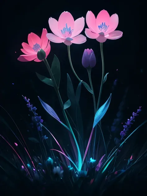 a purple flower with blue and pink flowers on a dark background, 🌺 cgsociety, glowing flowers, blue and pink colors, magical flowers, magical colorful flowers, wow it is beautiful, beautiful!!! digital art, beautiful gorgeous digital art, pink and blue col...