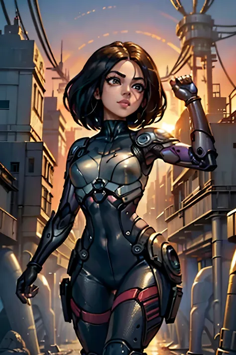 ((ultra quality)), ((masterpiece artwork)), alita battle angel, ((blackw, shorth hair)) (beautiful cute face), (beautiful female...