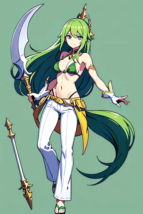 long green hair, bikini, white flared pants, fingerless gloves, bell-bottoms, green eyes, spear, full body, green background