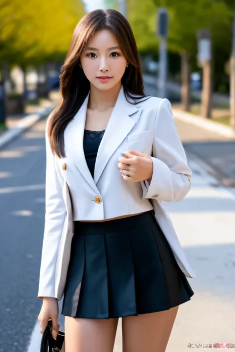 One girl, She is the most beautiful actress in the world., This girl has a perfect figure, Both the blazer and the miniskirt are black.。, Her big breasts are hidden by 100% Formal shirt to wear under a blazer, The crotch of her panties is barely covered by...