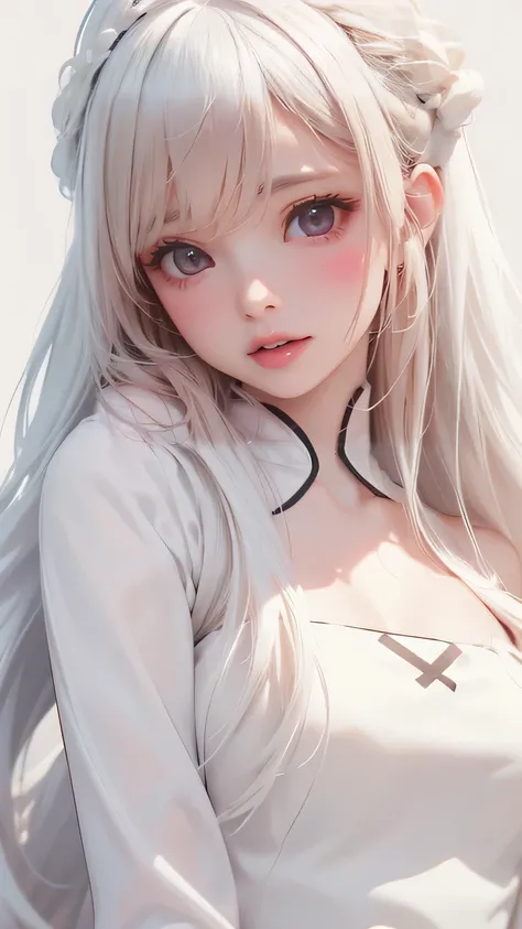 High-Key Lighting. ((masterpiece)), Pure White, [Eye] Close-up (A girl) ((White hair, Long hair, Straight Hair, Both sides up))), Eyeliner, Eyehadow. 1 girl. (White background) ((White skin)) ((White skin)), Wearing a ball gown. snow white clothes, snow. L...