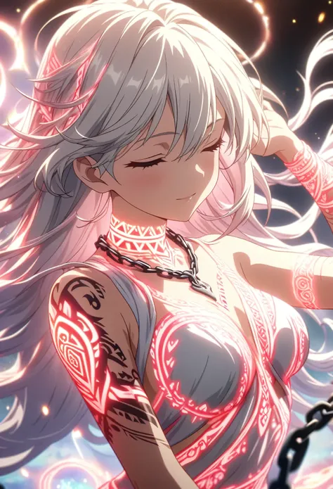 Masterpiece, best quality, highly detailed CG Unity 8k wallpaper, anime screenshot, female anime character with a thick chain of silver neon wrapped around her body from her neck to her body. Art of a female anime character with a glowing red and white neo...