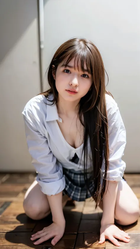 Open shirt, (((Leaning forward))), ((Round face, The surrounding area ,mini skirt、loose breast)), Long Hair, , Natural Makeup, Lips become thicker, Sweet gaze, barefoot, ((Spread your legs)), Shooting from below,Gentle expression ,((Extremely precise and...