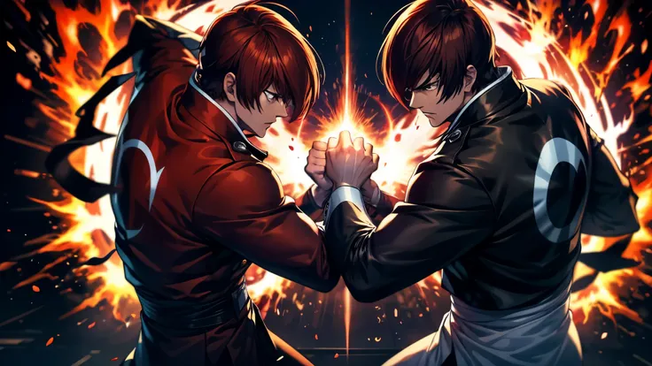 two martial artists in a dramatic battle pose, surrounded by dynamic energy effects. the first fighter has short brown hair, wea...