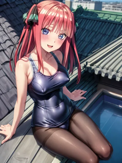 best quality, insanely detailed, nino nakano, breasts, blush, looking at viewer, cheerful eyes, arousal, one-piece swimsuit, pantyhose, roof top background, tight swimsuit, nipple