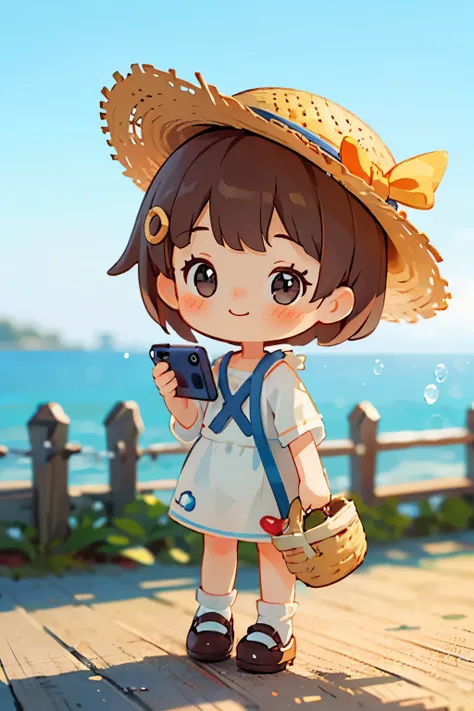 Photorealistic、Blind Box、Chibi Girl Doll(Blushing smile、hairpin、Cute Shoes、one piece、Summer clothes、Straw hat、Taking a photo with a smartphone）、Seaside park in the background