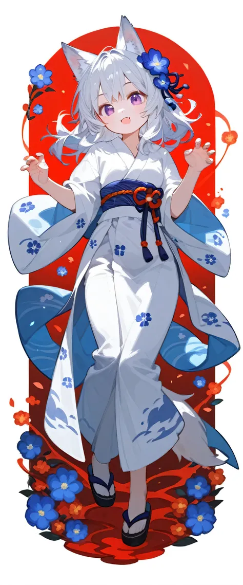 (score_9,score_8_up,score_7_up),1,white hair,red gradient purple eyes, white kimono or yukata outfit with simple blue flower pattern, wolf ear, cute_face,cute dynamic pose, full Body