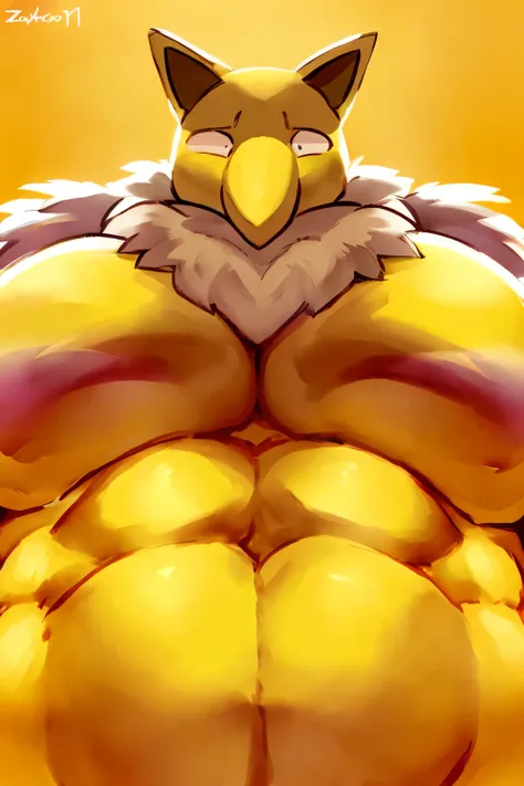 Furry, Anthro, solo, Hypno, Male, (((muscular body, massive male pectorals, yellow skin, fluffy neck, wearing white fur around neck))), ((((massive biceps, wide-eyed, head tilted, upshot pecs)))), ((((((massive bulky torso)))))), naked, upper body, black/y...