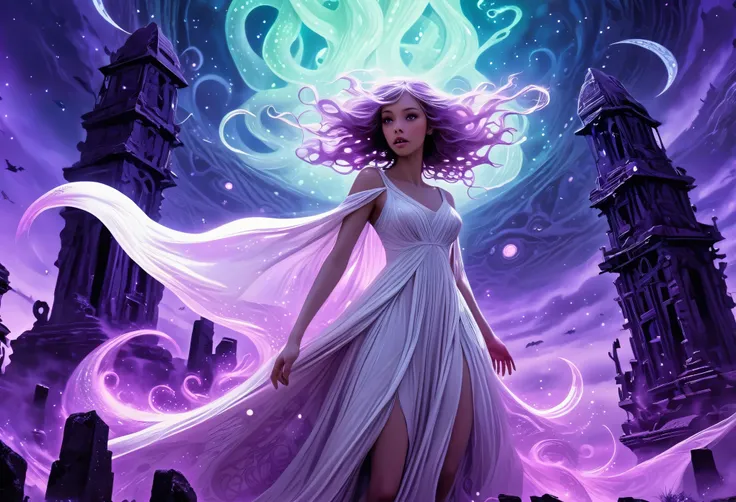 A cute woman (sheer white dress) a strong wind is blowing, she is confused standing among ancient black structures engraved with violet glowing runes, strange stars hang in an alien sky, mighty cthulu slumbers big as a mountain among the ruins, star spawn ...