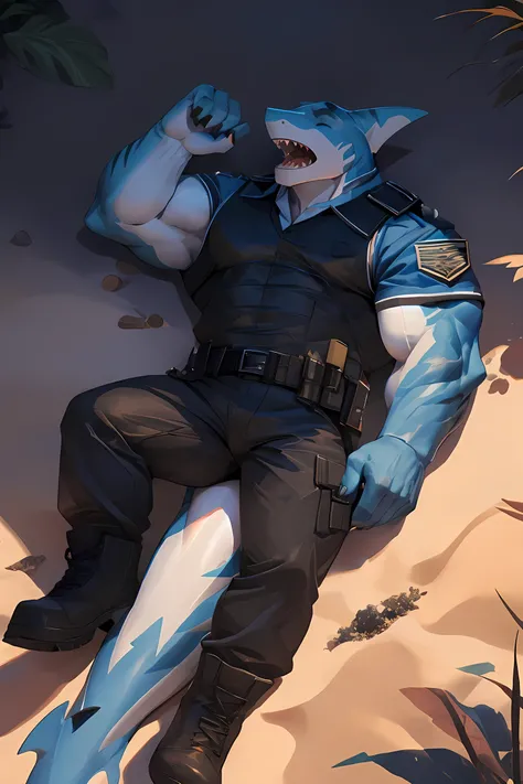 best quality，Ultra HD，Second Dimension，Very strong body，The most exquisite eyes［The most exquisite eyes：2.1］，Lying in the sand，male，shark，No hair，yawning with mouth wide open，With eyes closed，Blue military uniform，Blue army pants，wearing black combat boots...