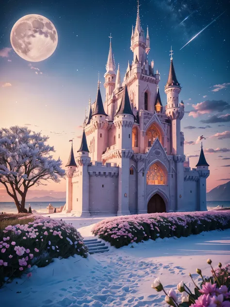 Castle, flowers, delicate scene, sky, white clouds, and sunlight shine on the snow-white beach. birds, pink flowers and bright big shells, diamond crystal, on the beach, fantasy, night sky, moon, smoke, fire, photo, HD, 8K, UHD, super detail, high quality,...