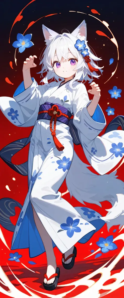 (score_9,score_8_up,score_7_up),1,white hair,red gradient purple eyes, white kimono or yukata outfit with simple blue flower pattern, wolf ear, cute_face,cute dynamic pose, full Body