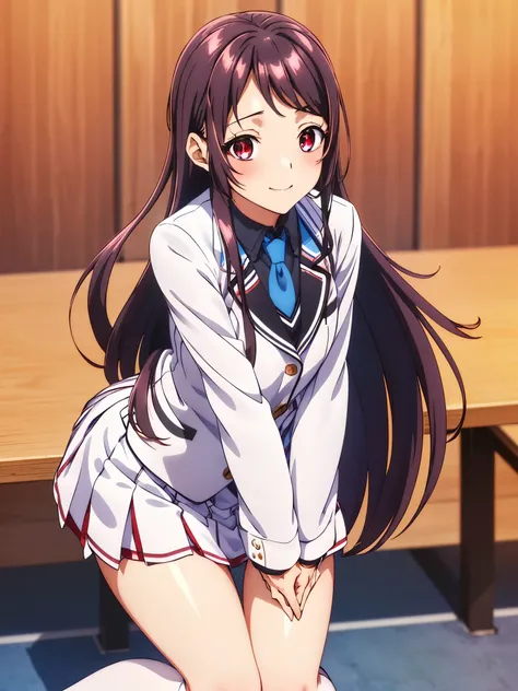 Show your armpits,Kaori Hojo, girl, (masterpiece: 1.1), (highest quality: 1.1), red eyes, long hair, cute smile, blush, ((school uniform), jacket, sleeve, tie, white skirt), pantyhose, loafers, school room, (((leaning forward:1.3), (hands on knees:1.3)), ...