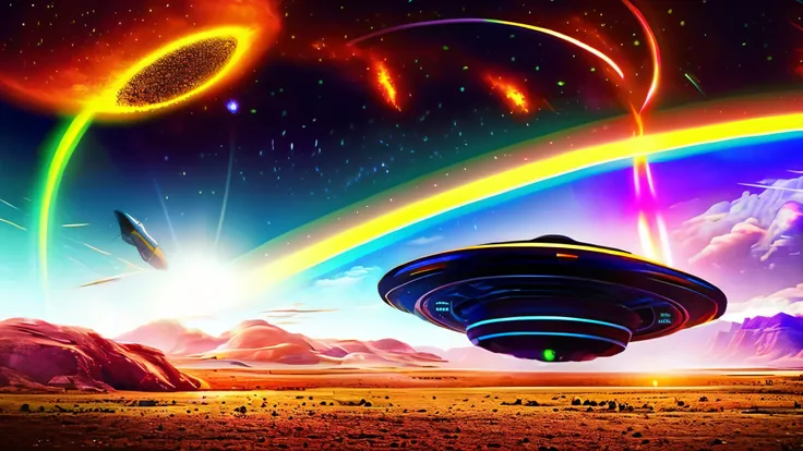 shiny ufo, alien ship, intense explosion, spaceship attack, rocky alien landscape, dramatic skies, neon lighting, surreal atmosp...