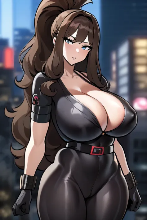 Perfect CG unity 8K UHD wallpaper, Perfect CG unity 8K UHD wallpaper, masterpiece, best quality, black bodysuit, cleavage, black belt, black gloves, cityscape, looking at viewer, night, rooftop, large breasts, hilda pokemon, high ponytail,long hair, brown ...