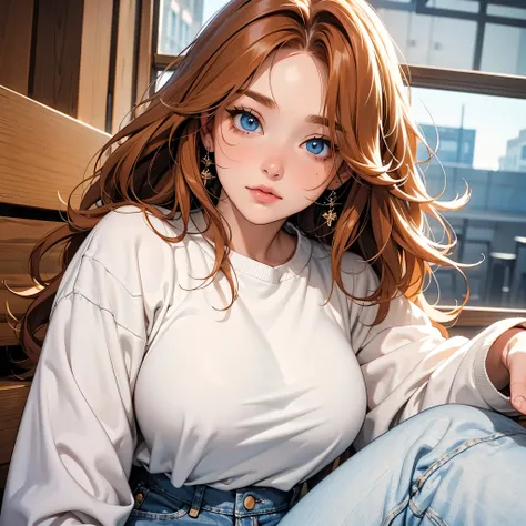 one chubby female with beachwavy ginger hair and blue eyes, solo, oversized white colored sweatshirt, jeans, inside cafe, posing with coffee, anime artstyle, hd, detailed, close up, headshot, soft coloring, beauty mark on left cheek.