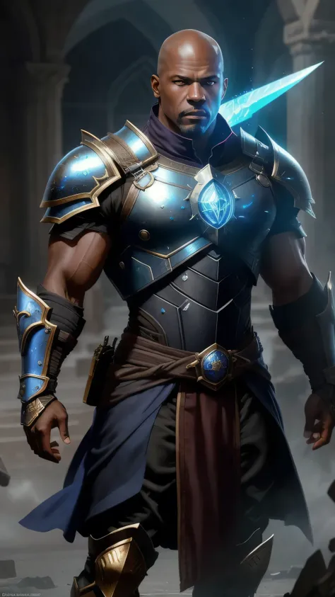 (Terry Crews) as Geras from Mortal Kombat. He is a towering, muscular warrior with dark skin and a powerful, imposing presence. His bald head and glowing blue eyes convey a sense of ancient wisdom and unyielding power. Geras is dressed in heavy, dark armor...