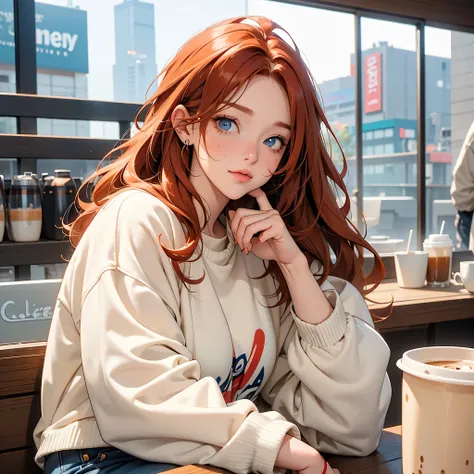 one chubby female with beachwavy ginger red hair and blue eyes, solo, oversized cream white beige colored sweatshirt, ripped jeans, inside cafe, posing with coffee, shy, looking away, holding coffee mug with both hands, anime artstyle, hd, detailed, close ...