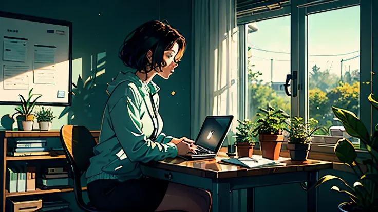 Woman sitting at desk, Working with a laptop. There is a coffee cup on the desk, Some books, Potted plants. The background is a cozy home office with warm lighting.The theme of the space is green, and the colorful and emotional animation creates a space wi...