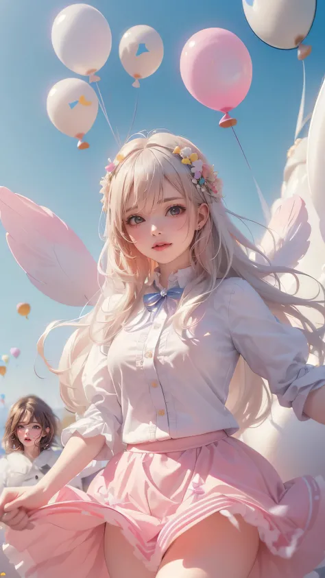 ((masterpiece, best quality, Highest image quality, high resolution, , 8K (The face is rich in detail)，1 girl，White long hair，blue eyes，(a lot of balloons)，(Tons of balloons:1.4)，floating，Jump，Smile，Flowers dancing，Birds are flying，Feathers flying，magic，sh...