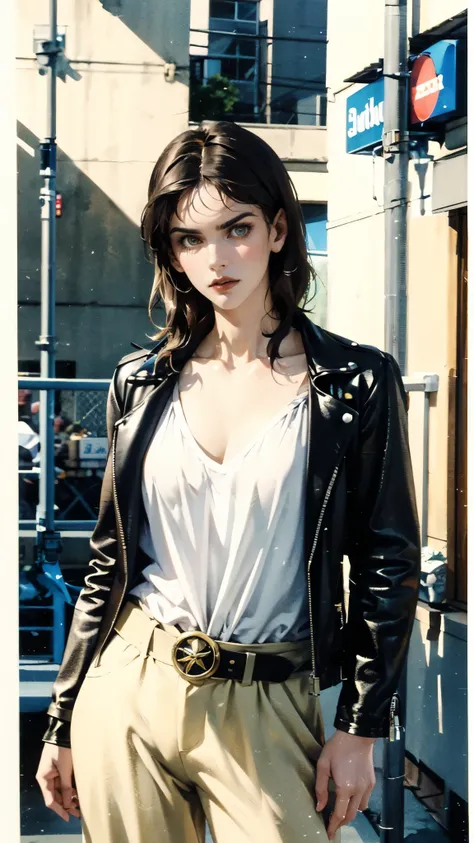 (masterpiece:1.2, best quality:1.2, extremely delicate:1.2), ((Alexandra Daddario:1.2)), a young women with short purple hair, side-parted bangs, wearing a headband, a determined gaze, a serious expression, a futuristic fantasy-style leather jacket featuri...