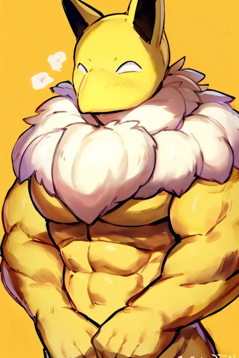 Furry, Anthro, solo, Hypno, Male, (((muscular body, massive male pectorals, yellow skin, fluffy neck, wearing white fur around neck))), ((((massive biceps, wide-eyed, head tilted)))), ((((((massive bulky torso)))))), naked, upper body, upshot pecs, black/y...