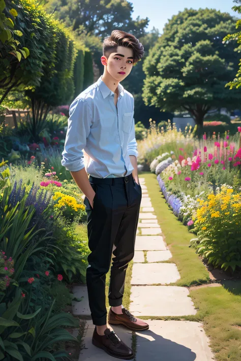 A 20-year-old boy standing in a garden