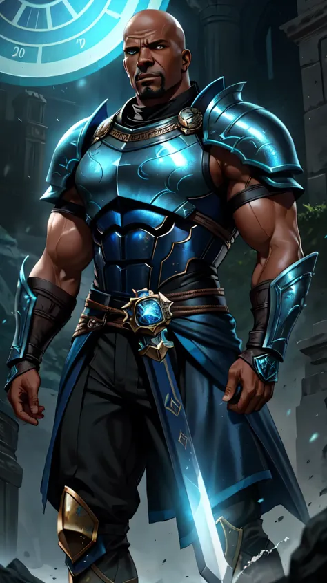 (Terry Crews) as Geras from Mortal Kombat. He is a towering, muscular warrior with dark skin and a powerful, imposing presence. His bald head and glowing blue eyes convey a sense of ancient wisdom and unyielding power. Geras is dressed in heavy, dark armor...