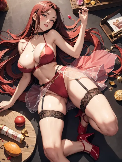 High definition、Highest quality、Skin like in the picture、Flowing hair texture、Red lips、G-cup bust、Smiling Beauty、Pink and gold fall fashion、See-through tank top、On a moonlit walk、Colorful garter belts and fishnet stockings、A woman being covered in a large ...