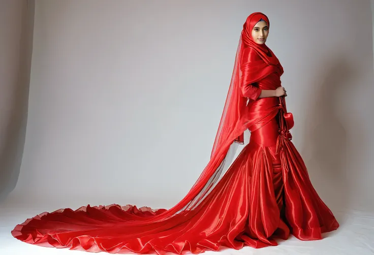 A woman shrouded in 9 meters of red organza fabric, tight wrapped from the waist to the thighs and mermaid shape on the bottom of dress, tied tightly and magnificently draped along her body shape, 9 meter long flowing dress tail on the floor, strugle to ha...