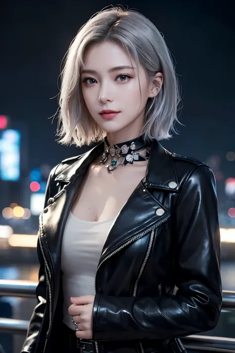 (((masterpiece)))、((((highest quality))))、(((super detailed)))、(photorealistic)、beautiful woman in cyberpunk fashion in black le...