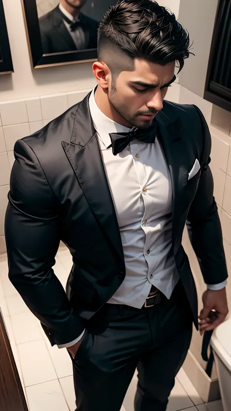 Tall and small head, from above view, indian handsome dark body color man standing and his perfect penis coming out from pant in washroom doing toilet, pain is ragging on face, mouth open during moaning and pain, perfect big penis is coming out from pant, ...