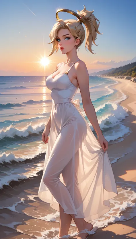 score_9, score_8_up, score_7_up, score_6_up, cinematic film still, solo, 1girl, BREAK mrcy, short hair, high ponytail, halo, tight sundress, BREAK beach, walking, hand in hair, beautiful, graceful, elegant, BREAK beautiful scene, sunrise, lens flare, BREAK...